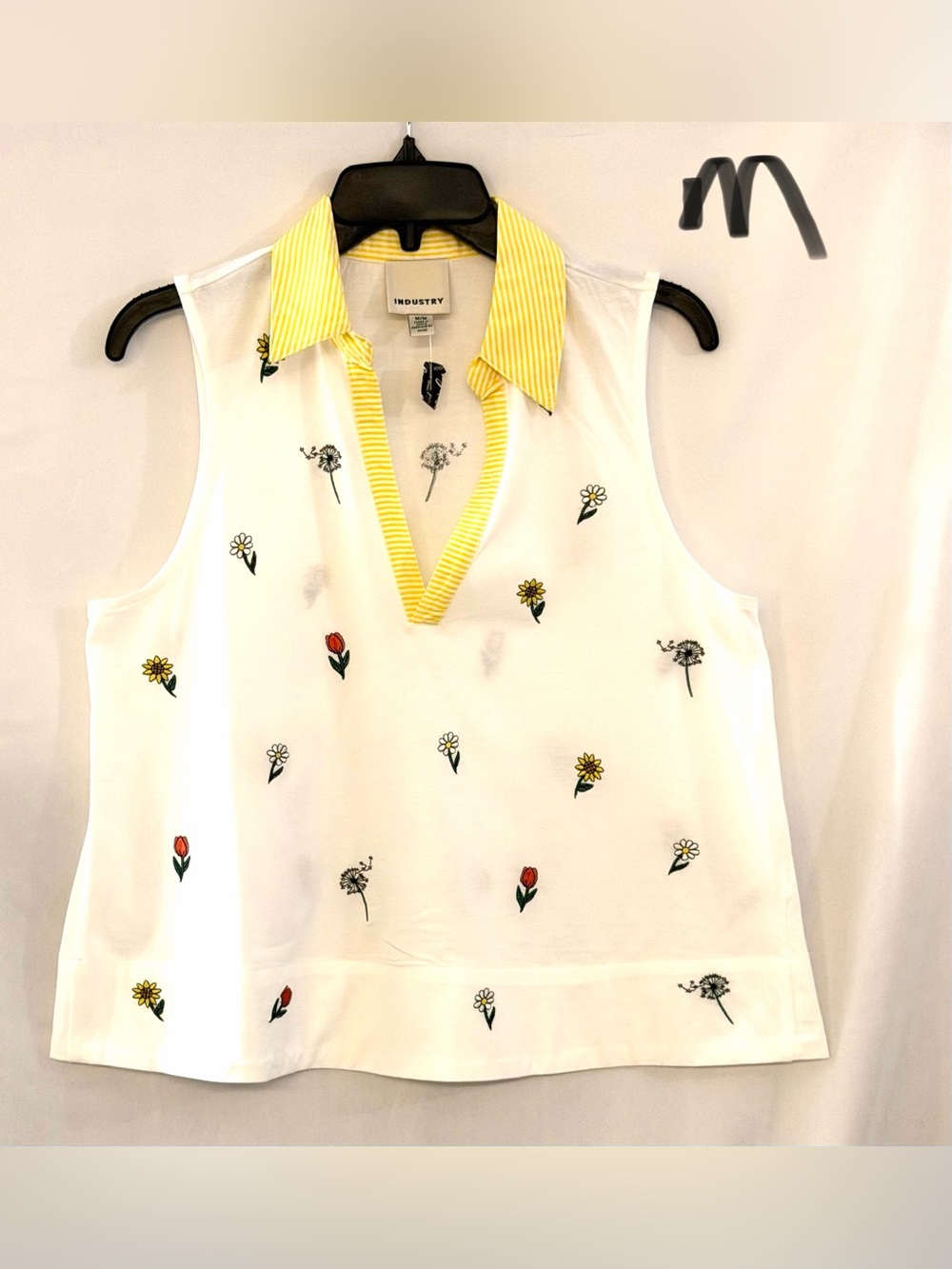 Sleeveless White Floral-Embroidered V-Neck Top with Yellow Stripe Collar